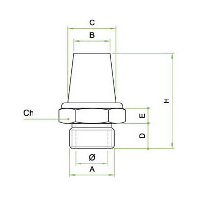 Silenziatore a cono in acciaio inox AISI 316L sinterizzato su base esagonale in acciaio inox AISI 316L
